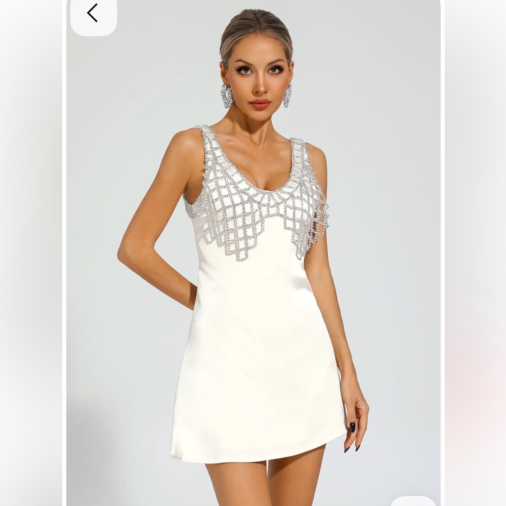 Ivory Mini Dress with Silver Embellished Neckline